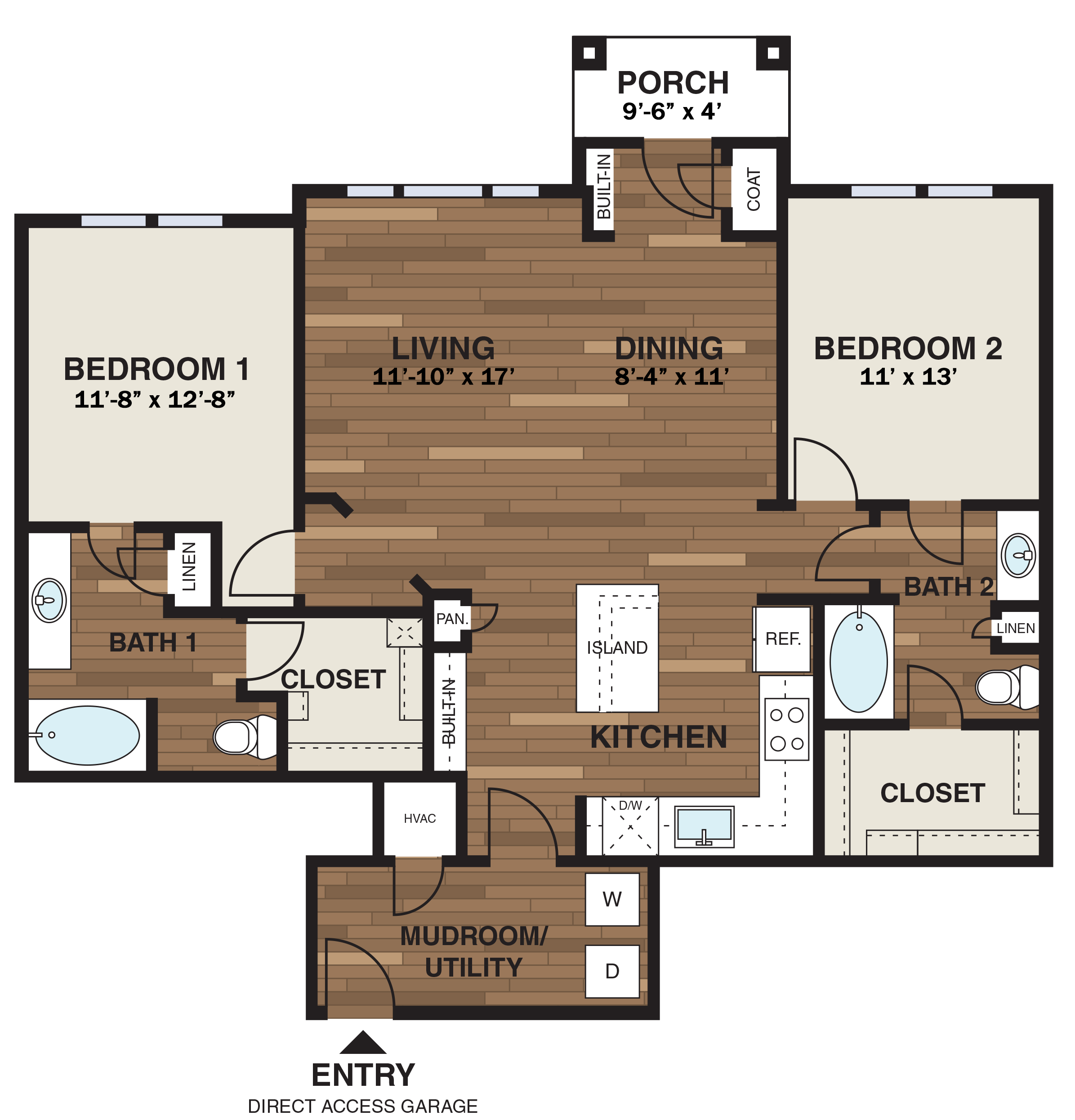 Floor plan for 2 beds, 2 baths, 1308 sqft